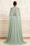 Robe longue de bal longue brodée en tulle sauge à col nu à col en A avec une cape