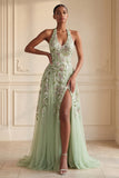 Sequins de dos dos cou en sauge poussiéreuse Une longue robe de bal en tulle brodée avec fente