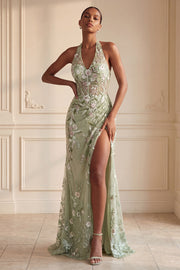 Robe de soirée longue vert sauge poussiéreux bustier brodée