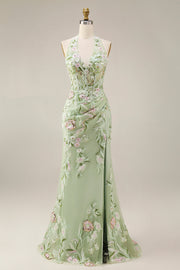 Robe de bal longue brodée en forme de corset transparent en sauge poussiéreuse avec fourreau