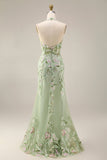 Robe de bal longue brodée en forme de corset transparent en sauge poussiéreuse avec fourreau