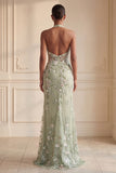 Robe de soirée longue vert sauge poussiéreux bustier brodée