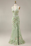 Robe de bal longue brodée en forme de corset transparent en sauge poussiéreuse avec fourreau
