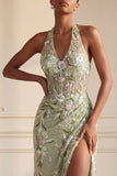 Robe de soirée longue vert sauge poussiéreux bustier brodée
