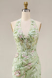 Robe de bal longue brodée en forme de corset transparent en sauge poussiéreuse avec fourreau