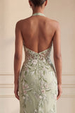 Robe de soirée longue vert sauge poussiéreux bustier brodée