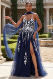 Robe de bal en tulle longue à fendre de la A Line, avec une écharpe au col