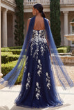Robe de bal en tulle longue à fendre de la A Line, avec une écharpe au col
