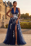 Twil bleu marine brodé en tulle Une robe de bal longue ligne avec fente