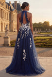 Twil bleu marine brodé en tulle Une robe de bal longue ligne avec fente