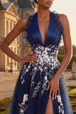 Twil bleu marine brodé en tulle Une robe de bal longue ligne avec fente