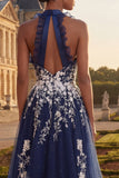Twil bleu marine brodé en tulle Une robe de bal longue ligne avec fente