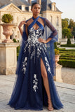 Robe de bal de promo à long nez en bleu marine à paillettes, à la ligne A, fente longue et portefeuille
