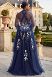 Robe de bal de promo à long nez en bleu marine à paillettes, à la ligne A, fente longue et portefeuille