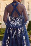 Robe de bal de promo à long nez en bleu marine à paillettes, à la ligne A, fente longue et portefeuille