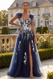 Bleu marine fleuri A ligne à manches à volants en tulle longue robe de bal avec fente