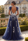 Bleu marine fleuri A ligne à manches à volants en tulle longue robe de bal avec fente