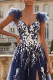 Bleu marine fleuri A ligne à manches à volants en tulle longue robe de bal avec fente