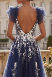 Bleu marine fleuri A ligne à manches à volants en tulle longue robe de bal avec fente