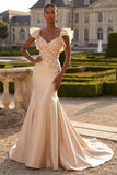 Corset sirène à blush en satin à col en V avec une longue robe de bal avec des fleurs 3D