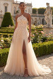 Corset Blush Halter Tulle Ligne A 3D Fleurs Long robe de bal avec fente