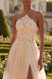 Corset Blush Halter Tulle Ligne A 3D Fleurs Long robe de bal avec fente