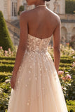Corset Blush Halter Tulle Ligne A 3D Fleurs Long robe de bal avec fente