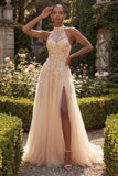Blush à dos nuus Corset 3D Fleurs en tulle Robe longue de bal avec fente