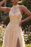 Blush à dos nuus Corset 3D Fleurs en tulle Robe longue de bal avec fente