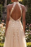 Blush à dos nuus Corset 3D Fleurs en tulle Robe longue de bal avec fente