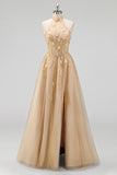 Blush à dos nuus Corset 3D Fleurs en tulle Robe longue de bal avec fente