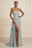 Robe de bal longue bleue sans bretelles scintillante