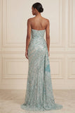Robe de bal longue bleue sans bretelles scintillante