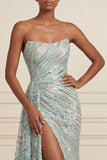 Robe de bal longue bleue sans bretelles scintillante