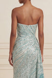 Robe de bal longue bleue sans bretelles scintillante