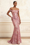 robe longue de bal sirène rose paillettante à épaules dénudées, paillettes