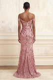 robe longue de bal sirène rose paillettante à épaules dénudées, paillettes