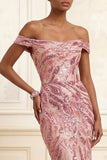 robe longue de bal sirène rose paillettante à épaules dénudées, paillettes