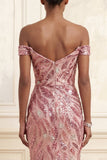 robe longue de bal sirène rose paillettante à épaules dénudées, paillettes