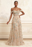 Longue robe de bal de promo à corset champagne à épaules dénudées, appliquée