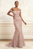 Robe longue de bal rose sirène rose à épaules dénudée avec des fleurs 3D