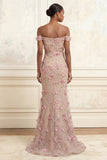 Robe longue de bal rose sirène rose à épaules dénudée avec des fleurs 3D