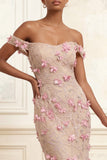 Robe longue de bal rose sirène rose à épaules dénudée avec des fleurs 3D