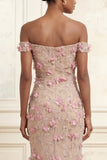 Robe longue de bal rose sirène rose à épaules dénudée avec des fleurs 3D