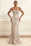 Robe de soirée longue champagne sirène épaules dénudées à sequins