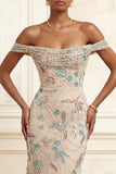 Robe de soirée longue champagne sirène épaules dénudées à sequins