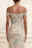 Robe de soirée longue champagne sirène épaules dénudées à sequins