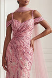 Robe de bal longue robe de bal longue en tulle sirène scintillante en tulle rose à épaules froides