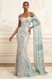 Robe de bal longue de bal bleu sirène scintillante à paillettes décollées avec une cape latérale