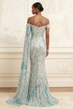 Robe de bal longue de bal bleu sirène scintillante à paillettes décollées avec une cape latérale